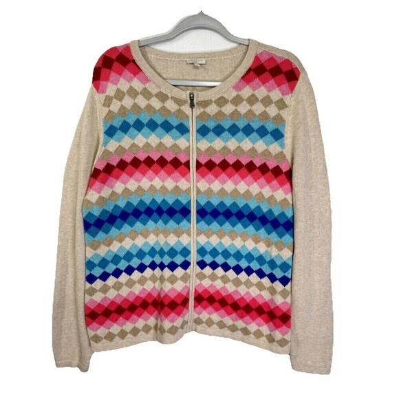 Talbots Sweaters - Talbots Argyle Full Zip Jacket Cardigan Womens XL Tan Pink Blue Diamond Sweater